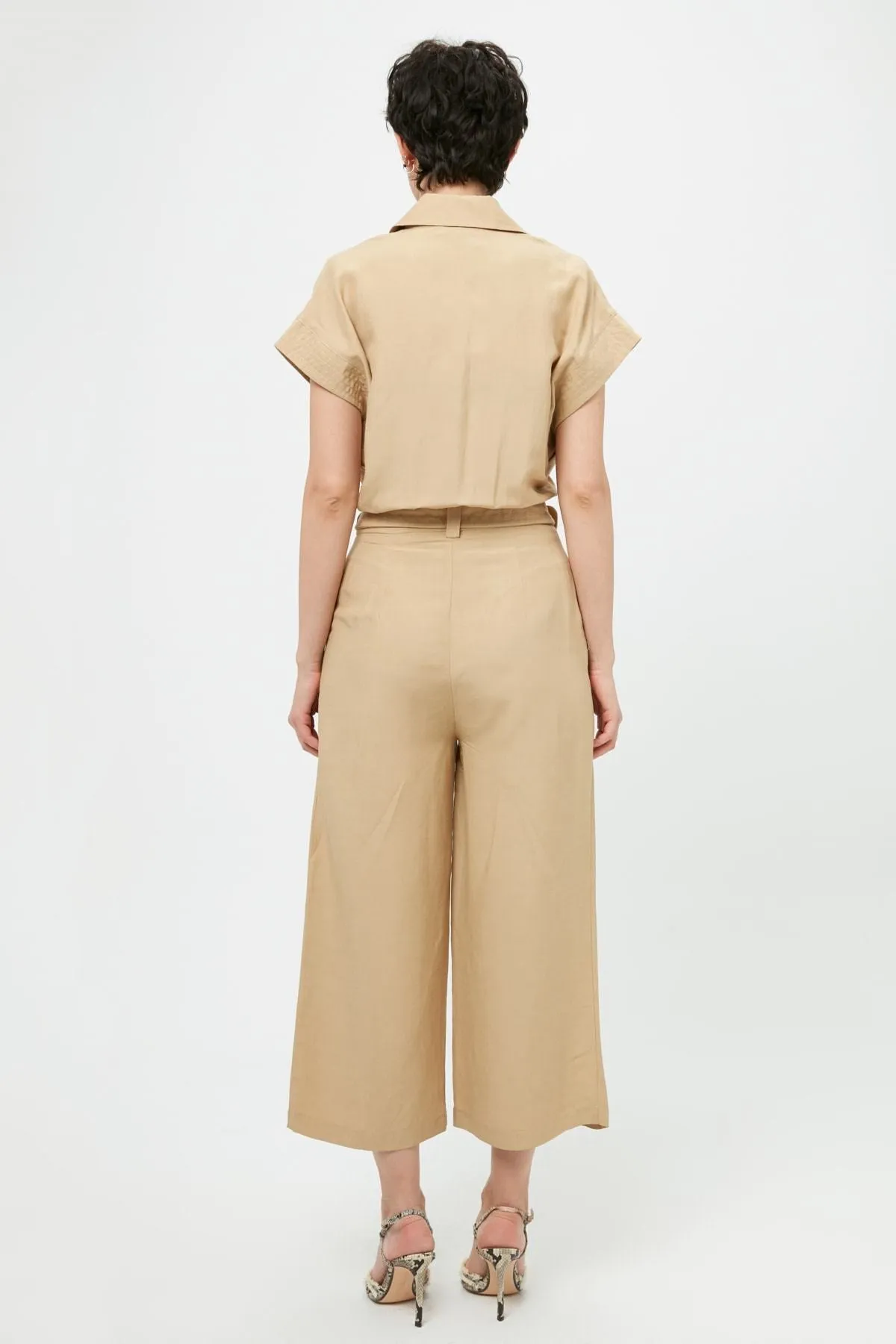 16171 Beige Shirt Collar Belt Jumpsuit