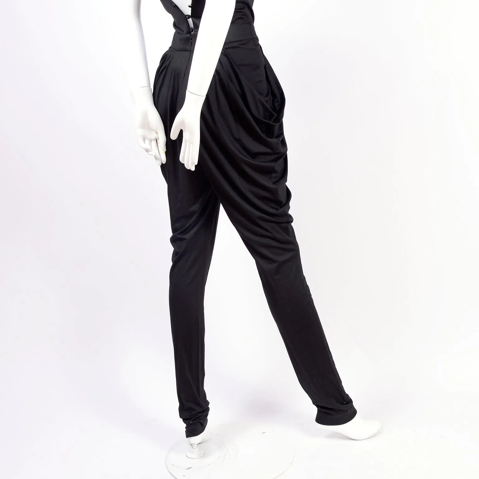 1980s Black Harem Jumpsuit w/ Gathering & Low Back