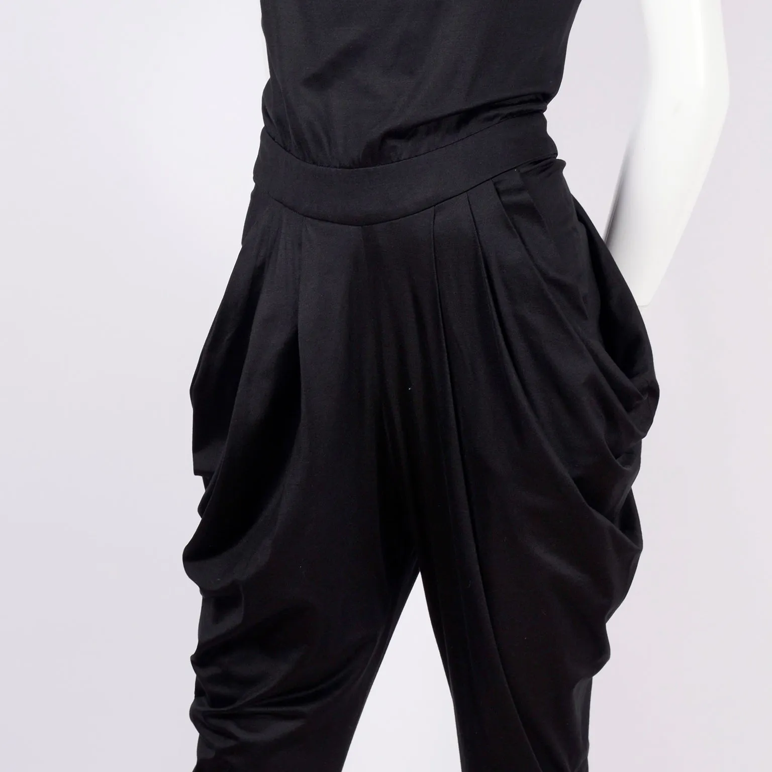 1980s Black Harem Jumpsuit w/ Gathering & Low Back