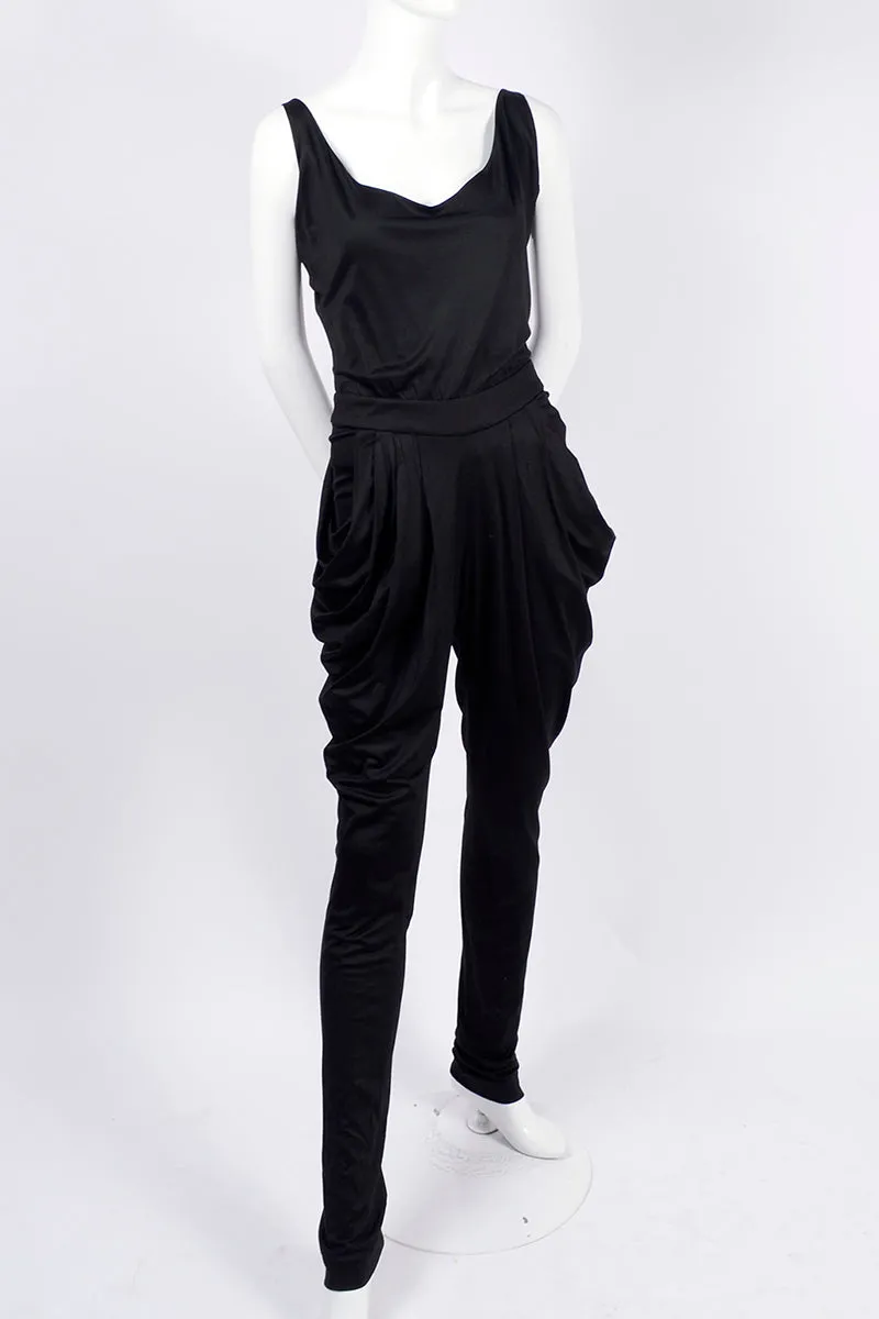 1980s Black Harem Jumpsuit w/ Gathering & Low Back