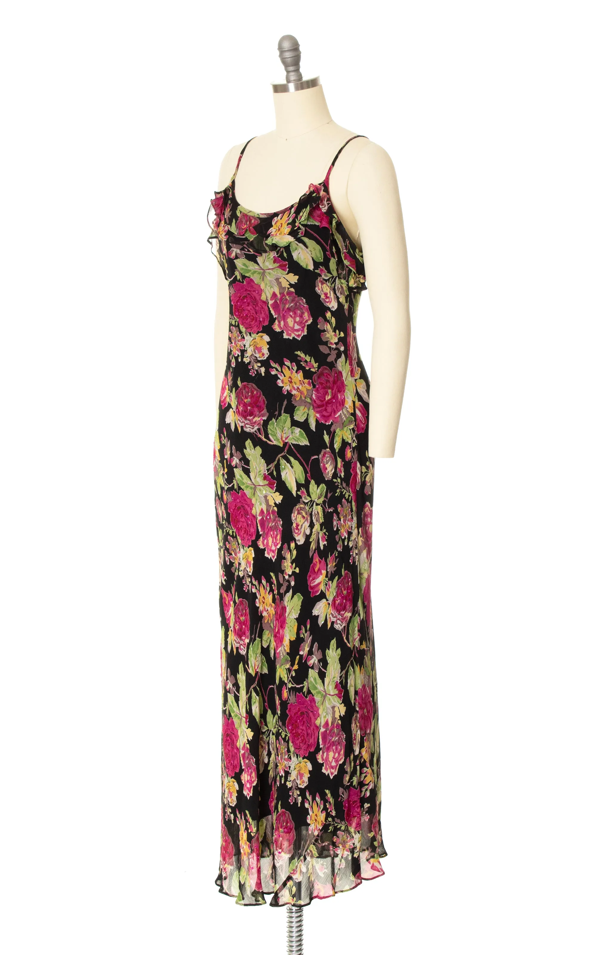 2000s Beaded Sequin Floral Chiffon Slip Dress | x-small/small