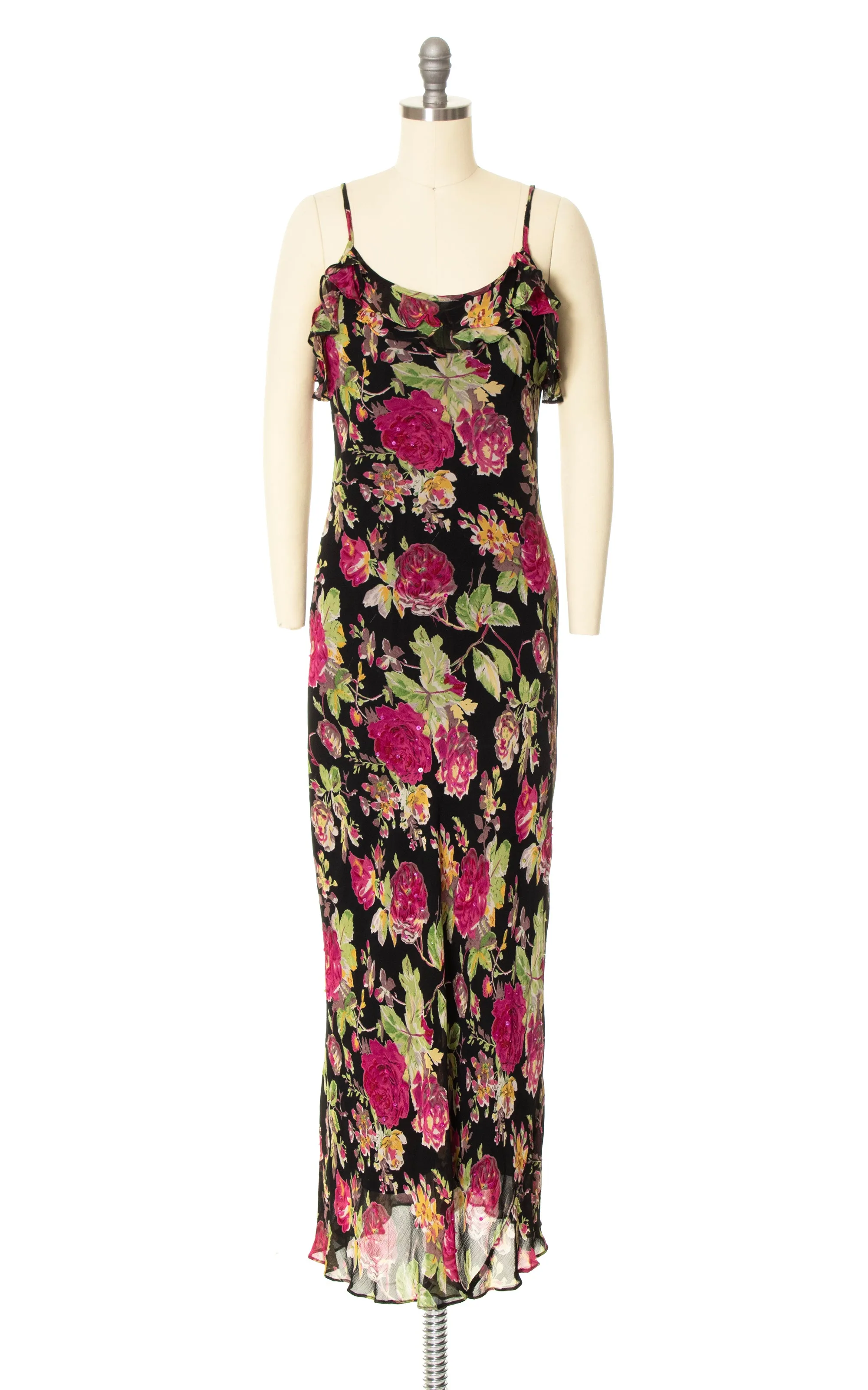 2000s Beaded Sequin Floral Chiffon Slip Dress | x-small/small
