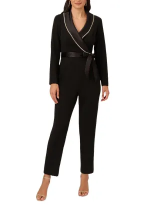 Adrianna Papell surplice neck long sleeve embellished collar tie waist zipper closure knit crepe jumpsuit