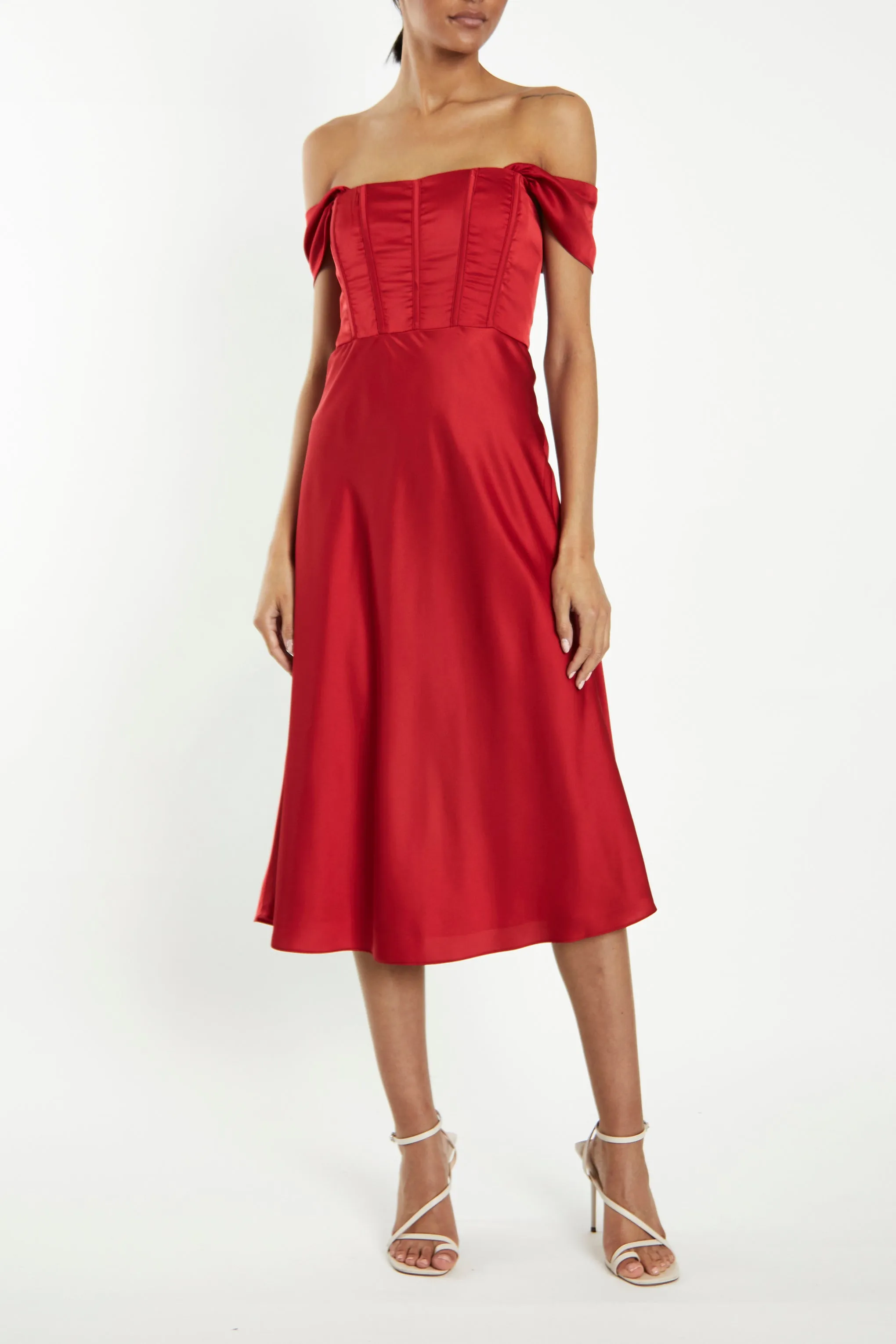 Agatha Cherry-Red Satin Corset Midi Slip-Dress