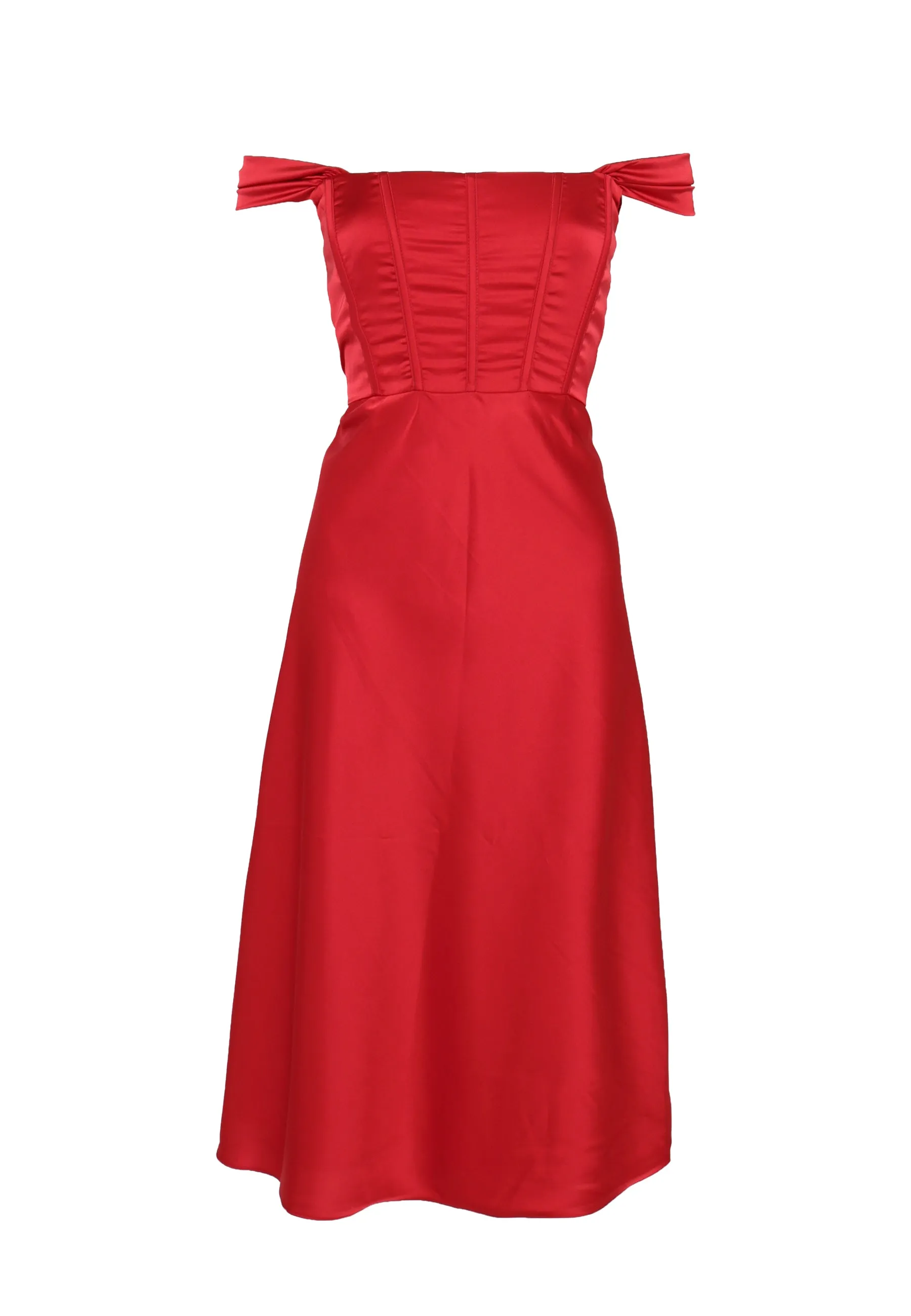 Agatha Cherry-Red Satin Corset Midi Slip-Dress