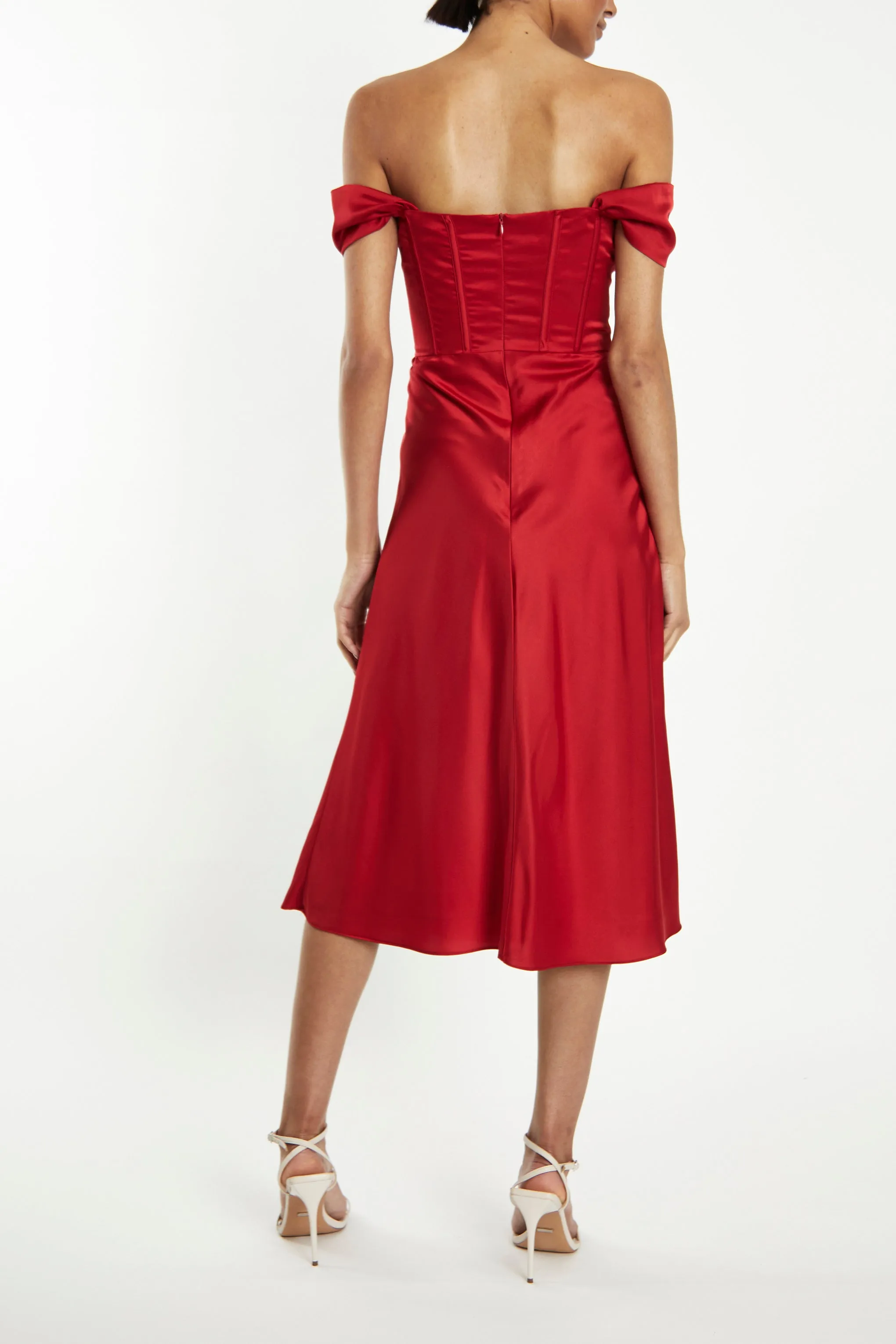 Agatha Cherry-Red Satin Corset Midi Slip-Dress