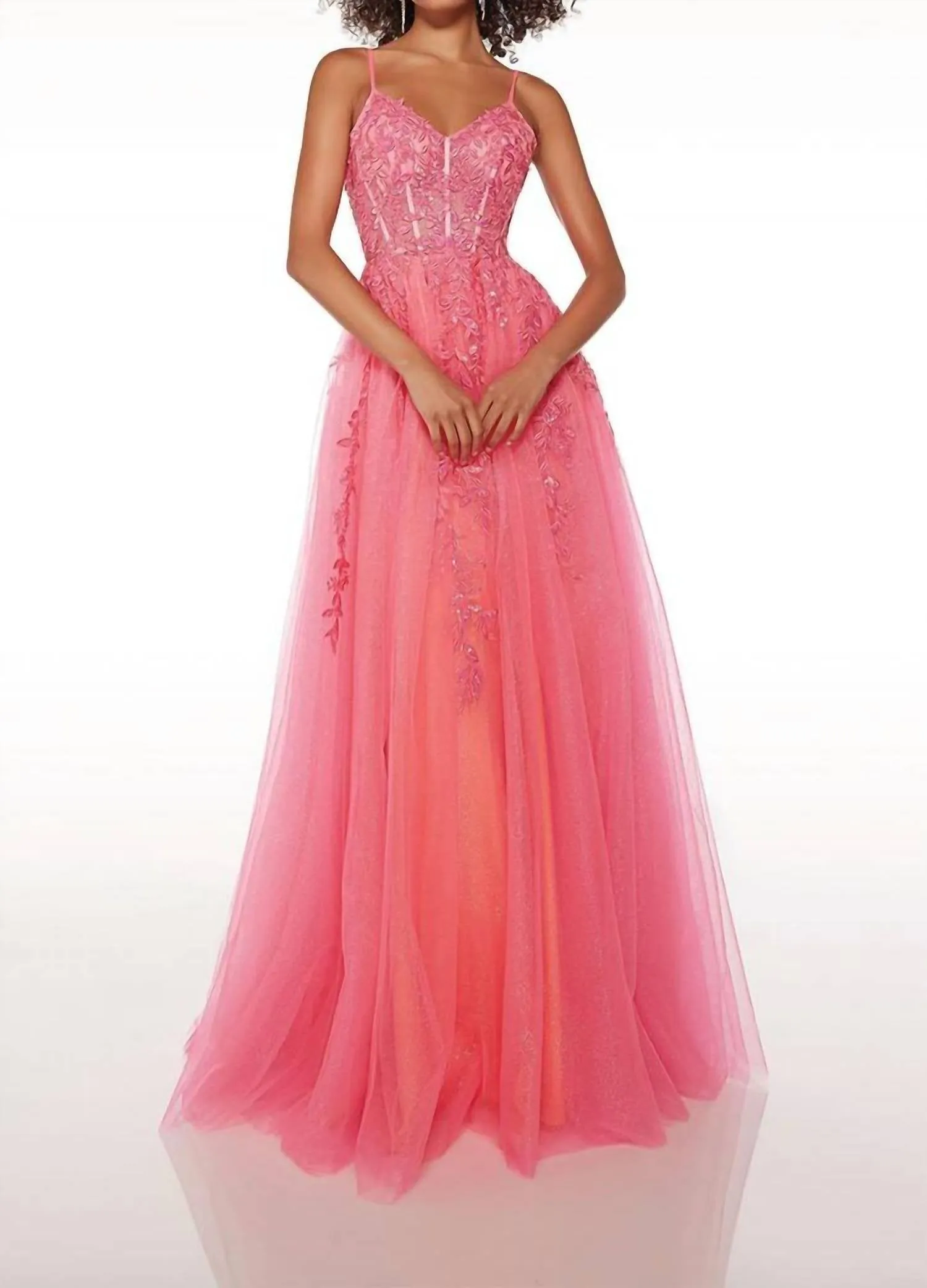 Alyce Paris - Lace Appliqué Flowing Tulle Prom Dress