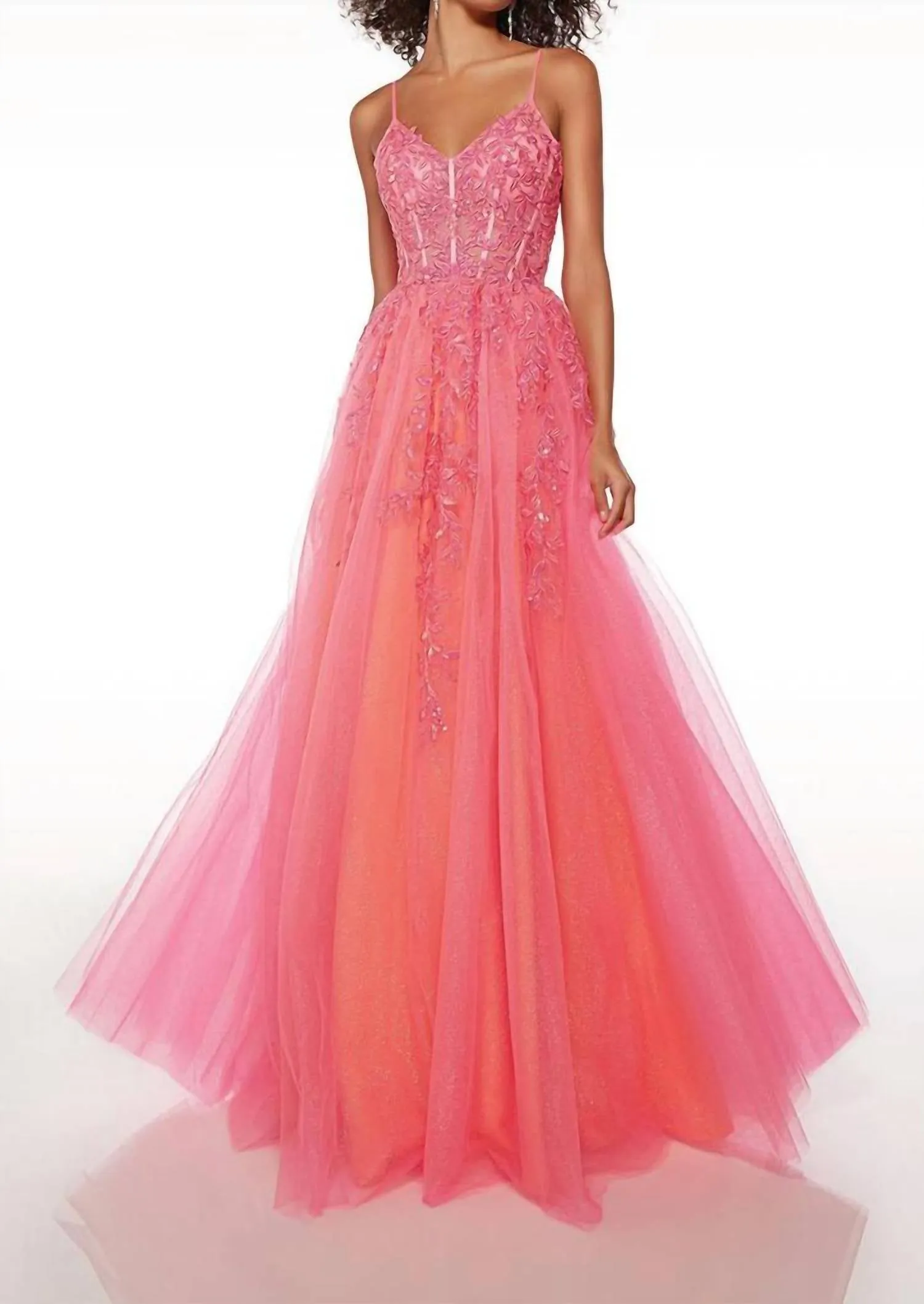 Alyce Paris - Lace Appliqué Flowing Tulle Prom Dress