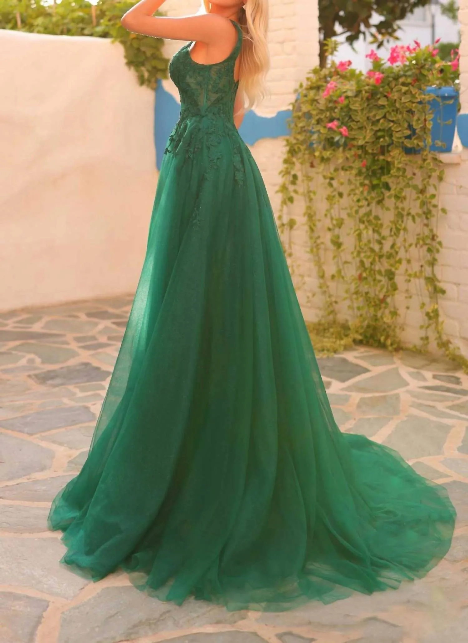 Amarra - Glitter Tulle Appliqué Corset Slit Ballgown