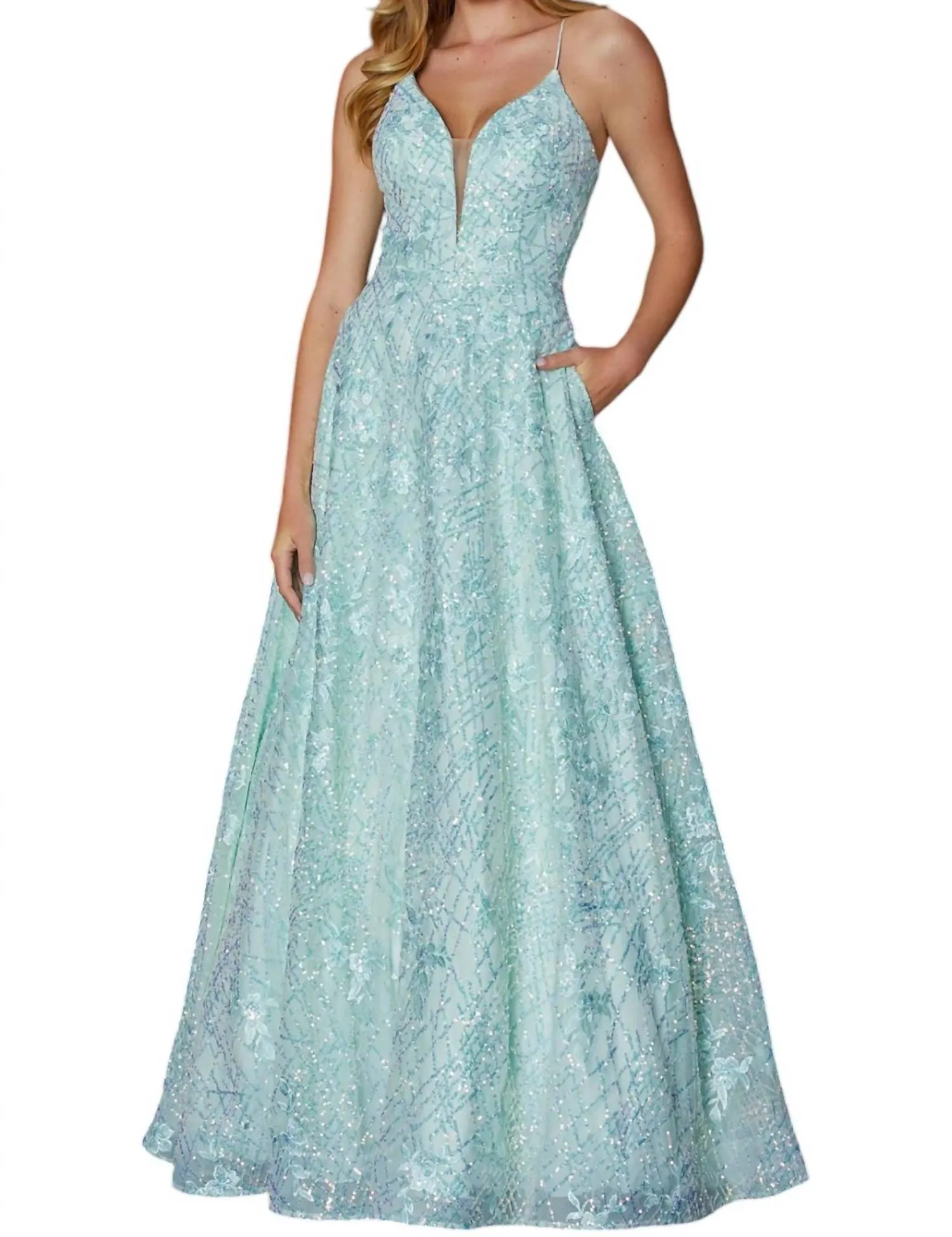 Amarra - Sequin Appliqué Plunge Ballgown