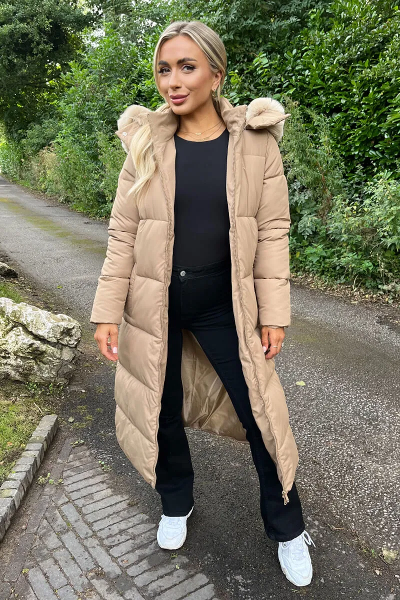 AX Paris Biscuit Faux Fur Hooded Longline Padded Coat