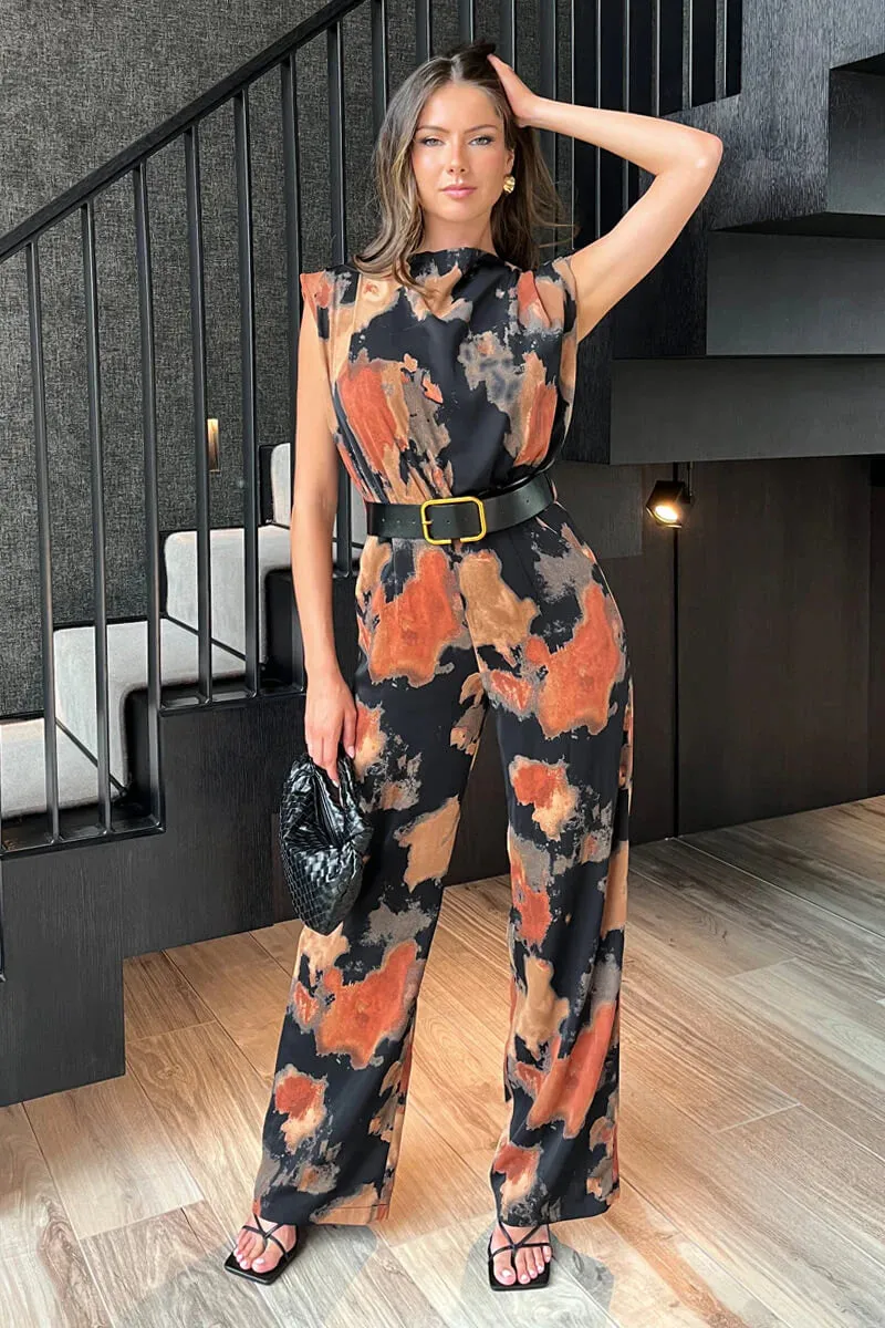 AX PARIS MULTI SMUDGE PRINT BELTED WIDE LEG JUMPSUIT