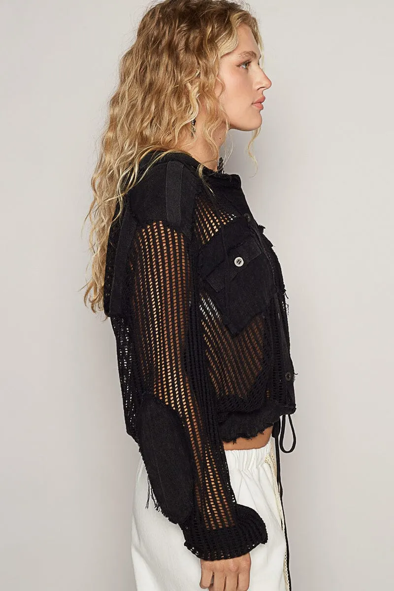 BLACK CROCHET FRONT POCKET DRAWSTRING JACKET