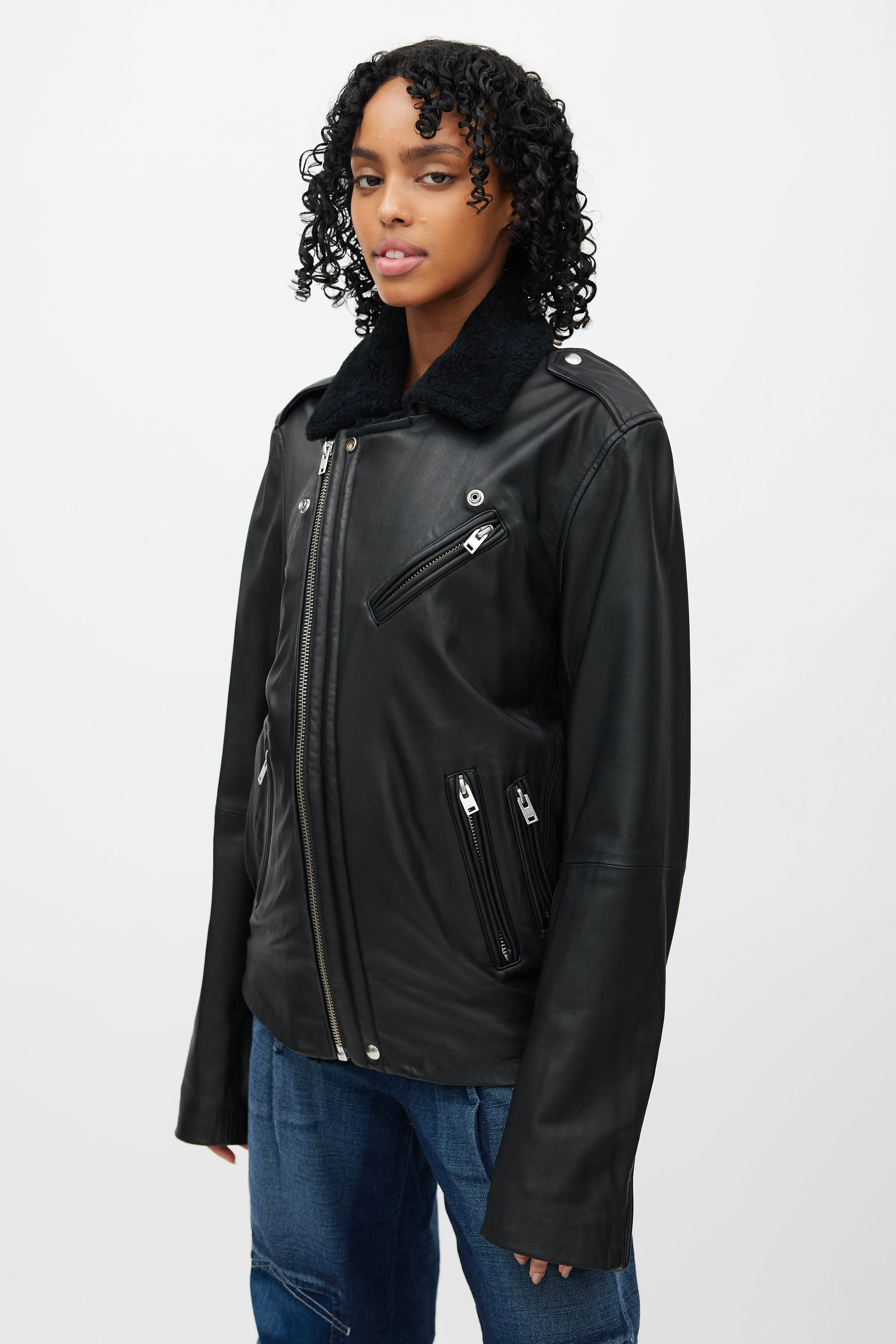 Black Leather Shearling Lined Jacket