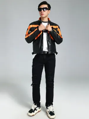 Black Orange Patchwork PU Leather Jacket