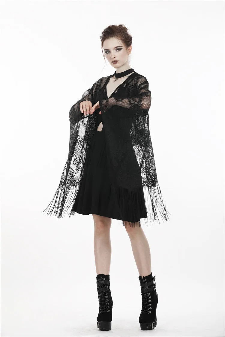Black tasseled cape with kimono sleeves BW066
