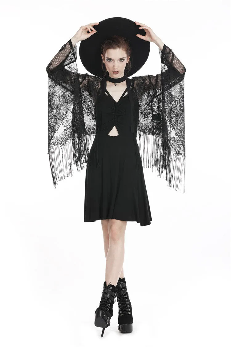Black tasseled cape with kimono sleeves BW066