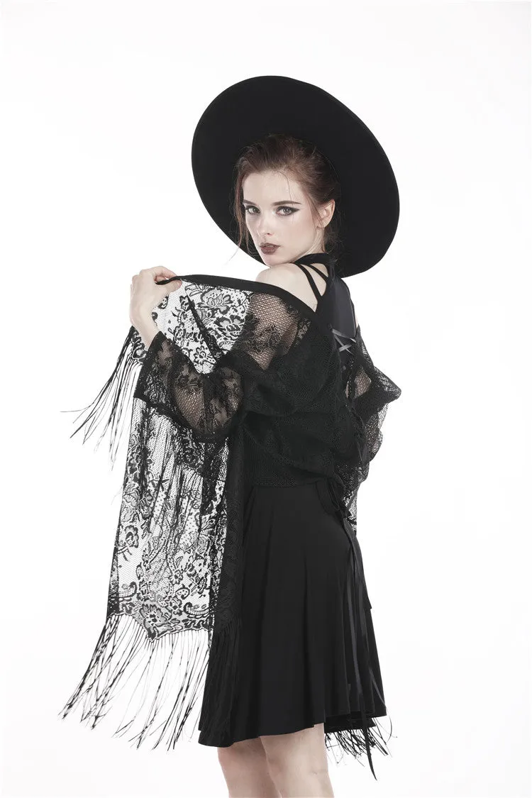 Black tasseled cape with kimono sleeves BW066