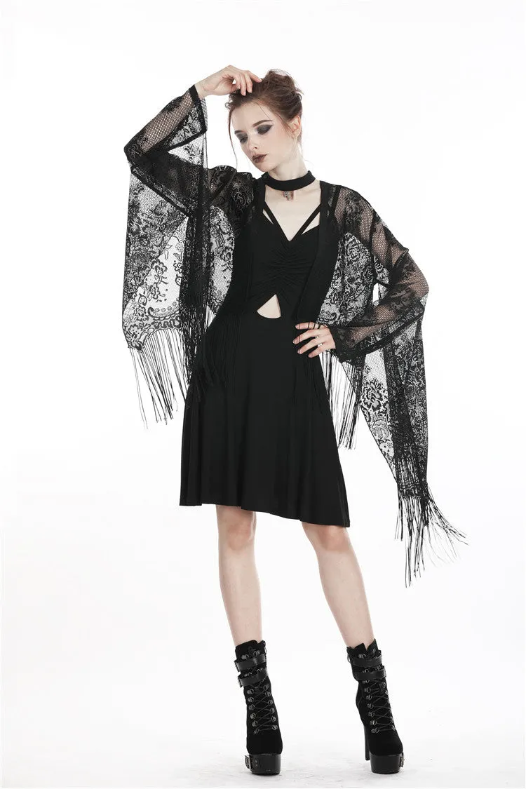 Black tasseled cape with kimono sleeves BW066