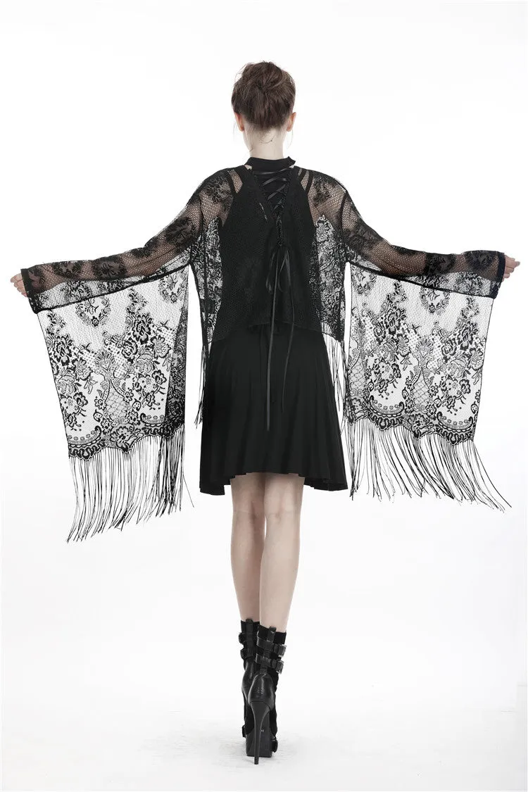 Black tasseled cape with kimono sleeves BW066