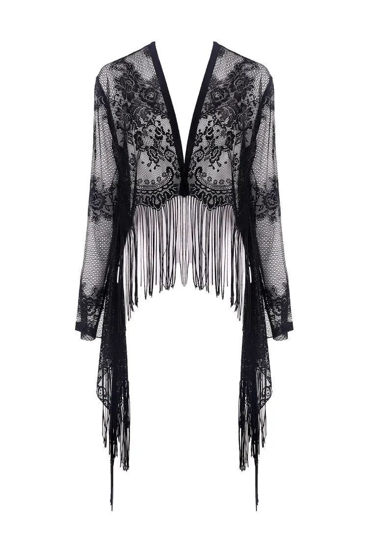 Black tasseled cape with kimono sleeves BW066