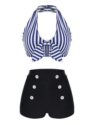 Blue 1950s Retro Halter Stripes Bikini Set