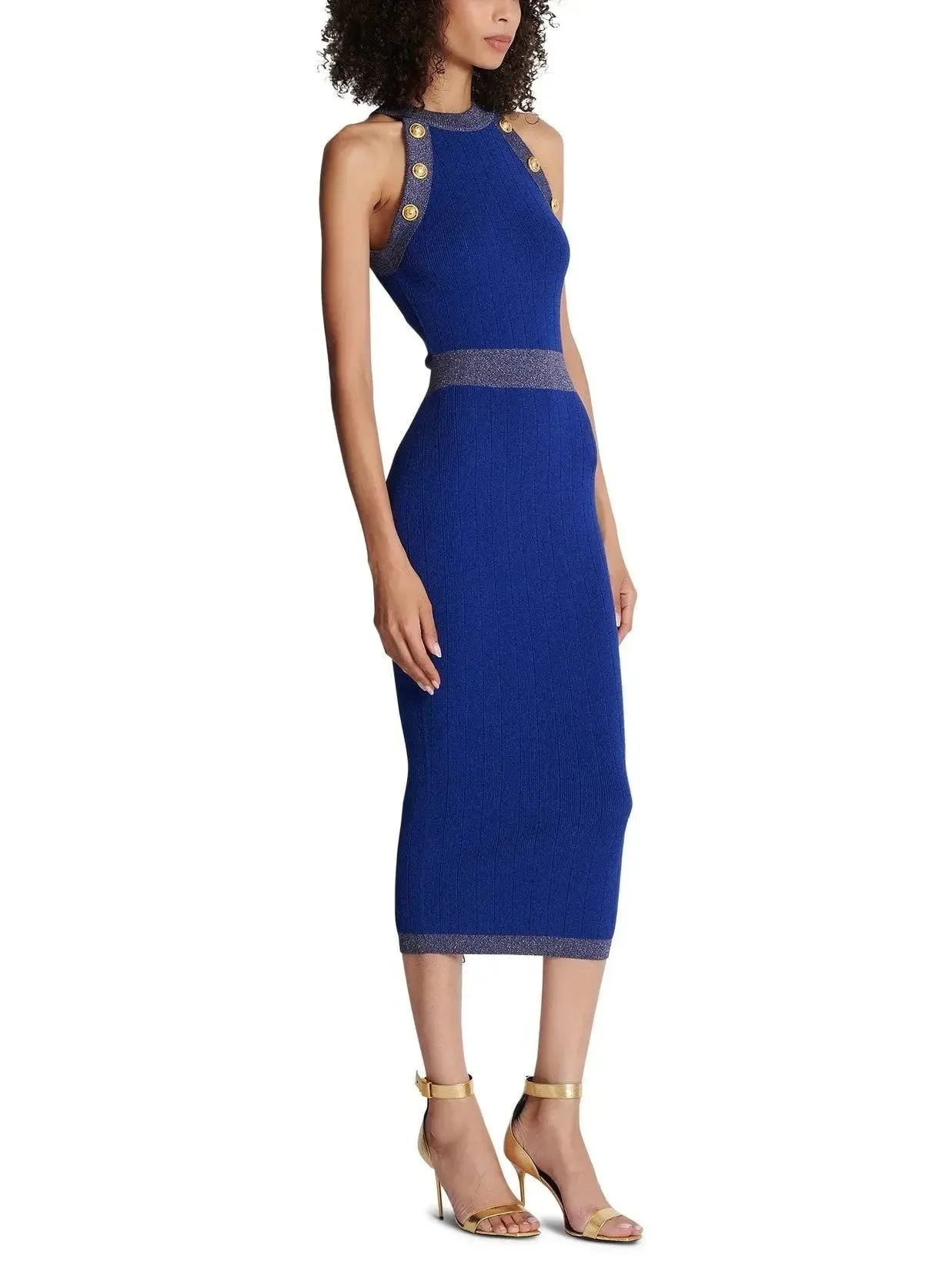 Button-Detailed Halter-Neck Knitted Midi Dress, Blue