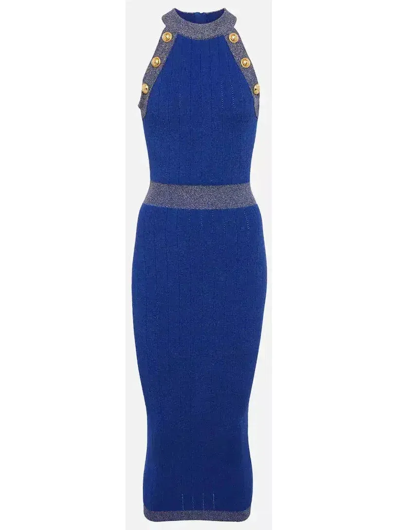Button-Detailed Halter-Neck Knitted Midi Dress, Blue