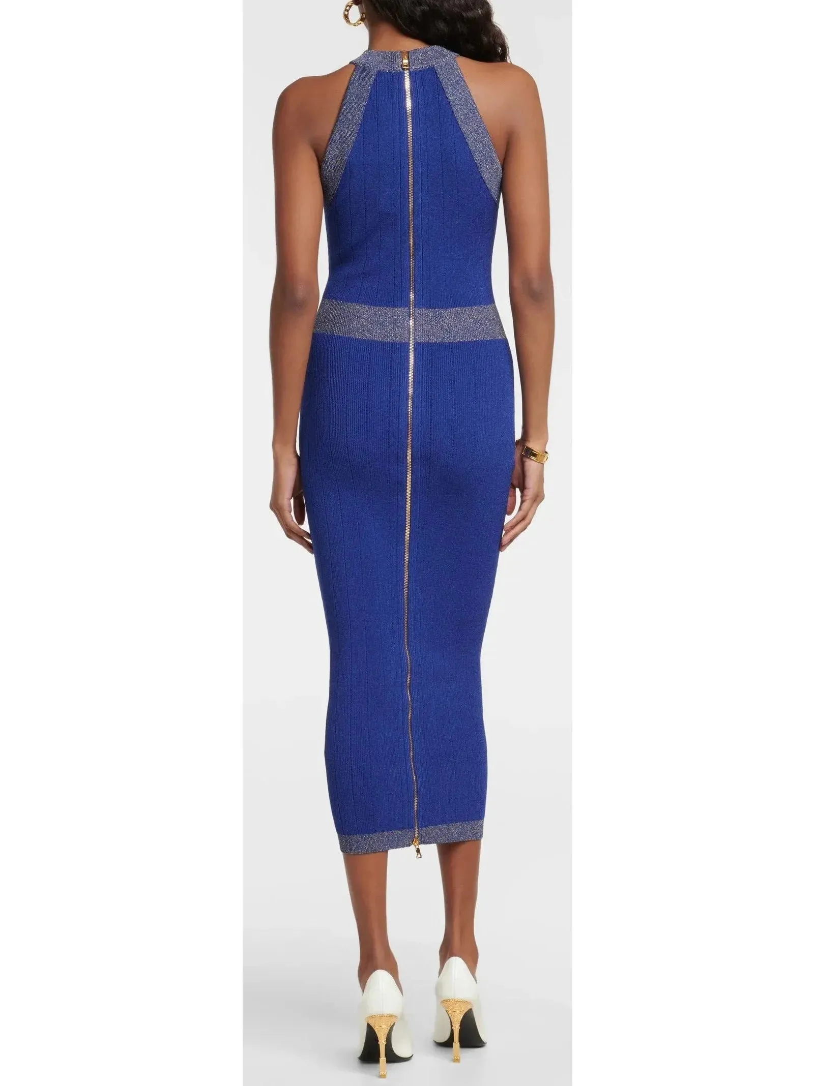 Button-Detailed Halter-Neck Knitted Midi Dress, Blue