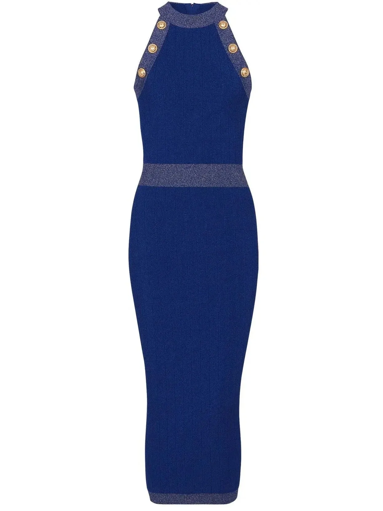Button-Detailed Halter-Neck Knitted Midi Dress, Blue