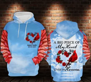 Cardinal Roses Heart A Big Piece Of My Heart Lives In Heaven, Personalized All Over Print Hoodie