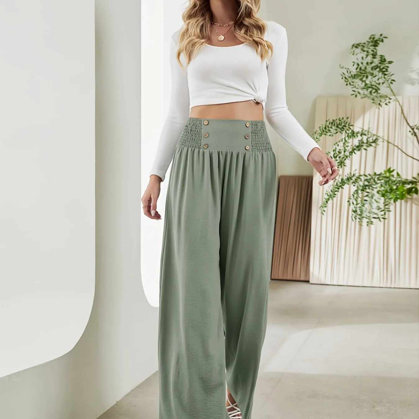 Casual Loose Wide Leg Solid Elastic Waist High Fashion Long Length Pants