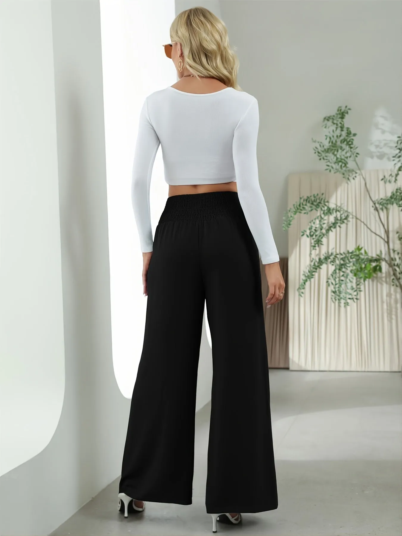Casual Loose Wide Leg Solid Elastic Waist High Fashion Long Length Pants