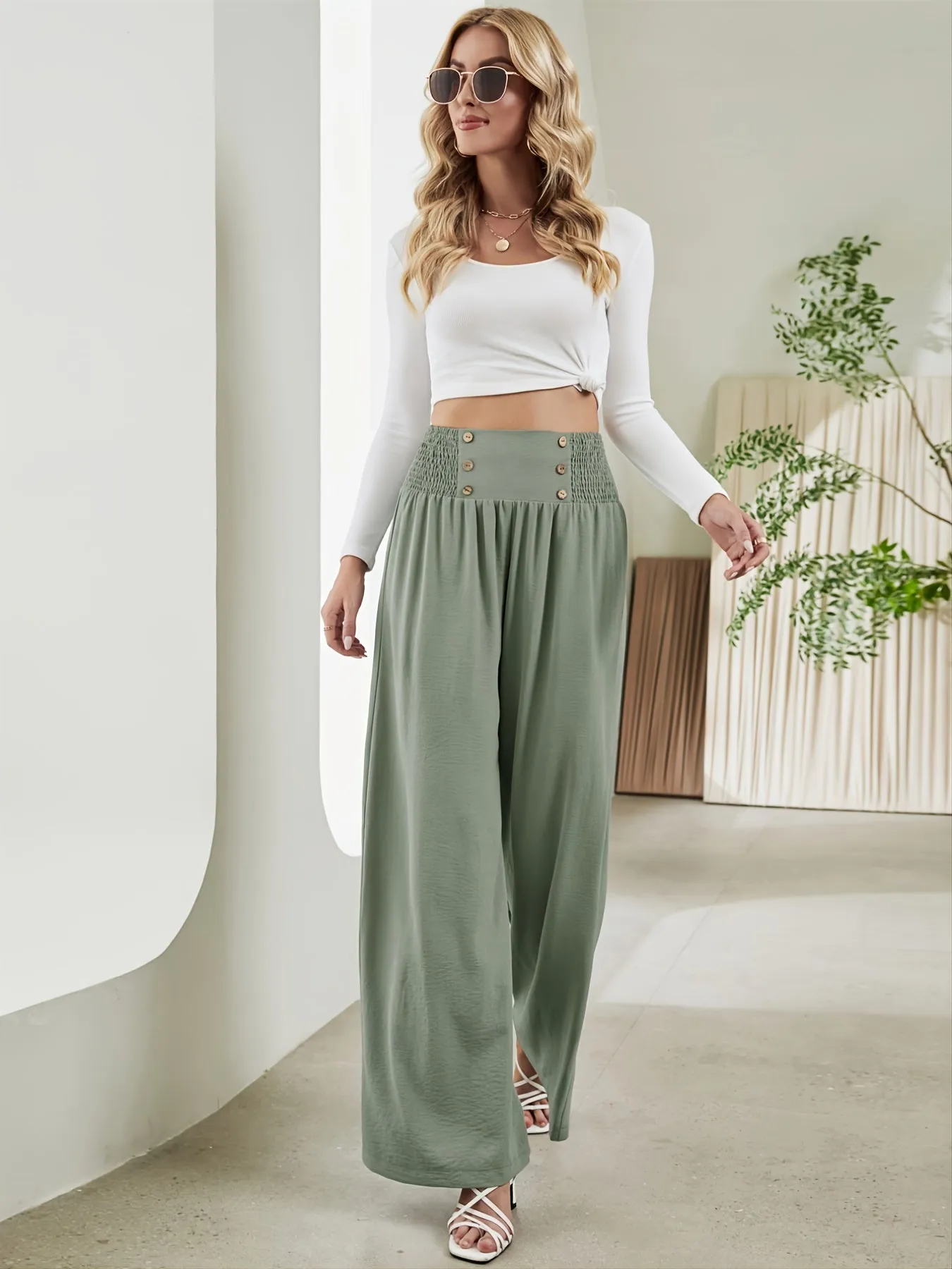 Casual Loose Wide Leg Solid Elastic Waist High Fashion Long Length Pants
