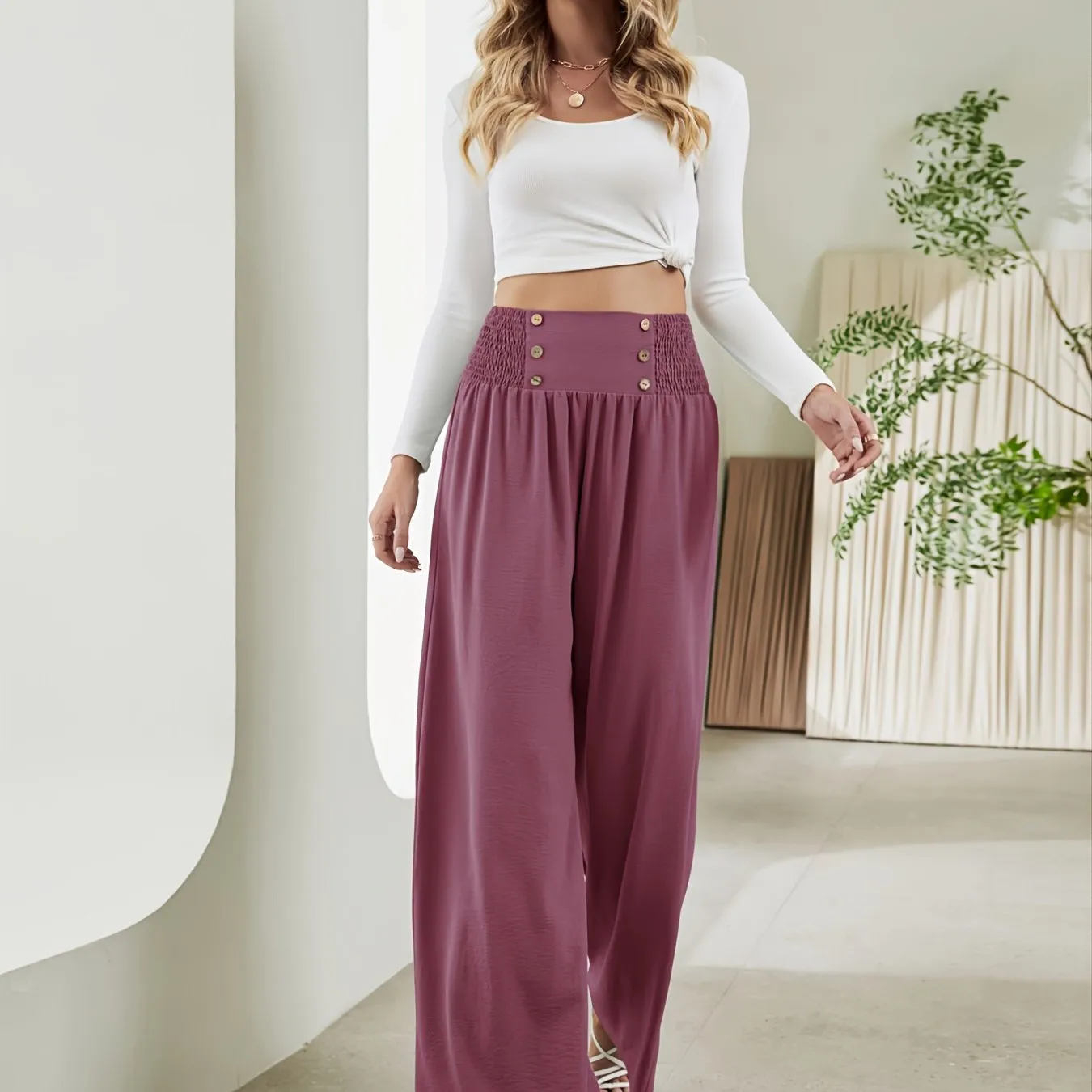 Casual Loose Wide Leg Solid Elastic Waist High Fashion Long Length Pants