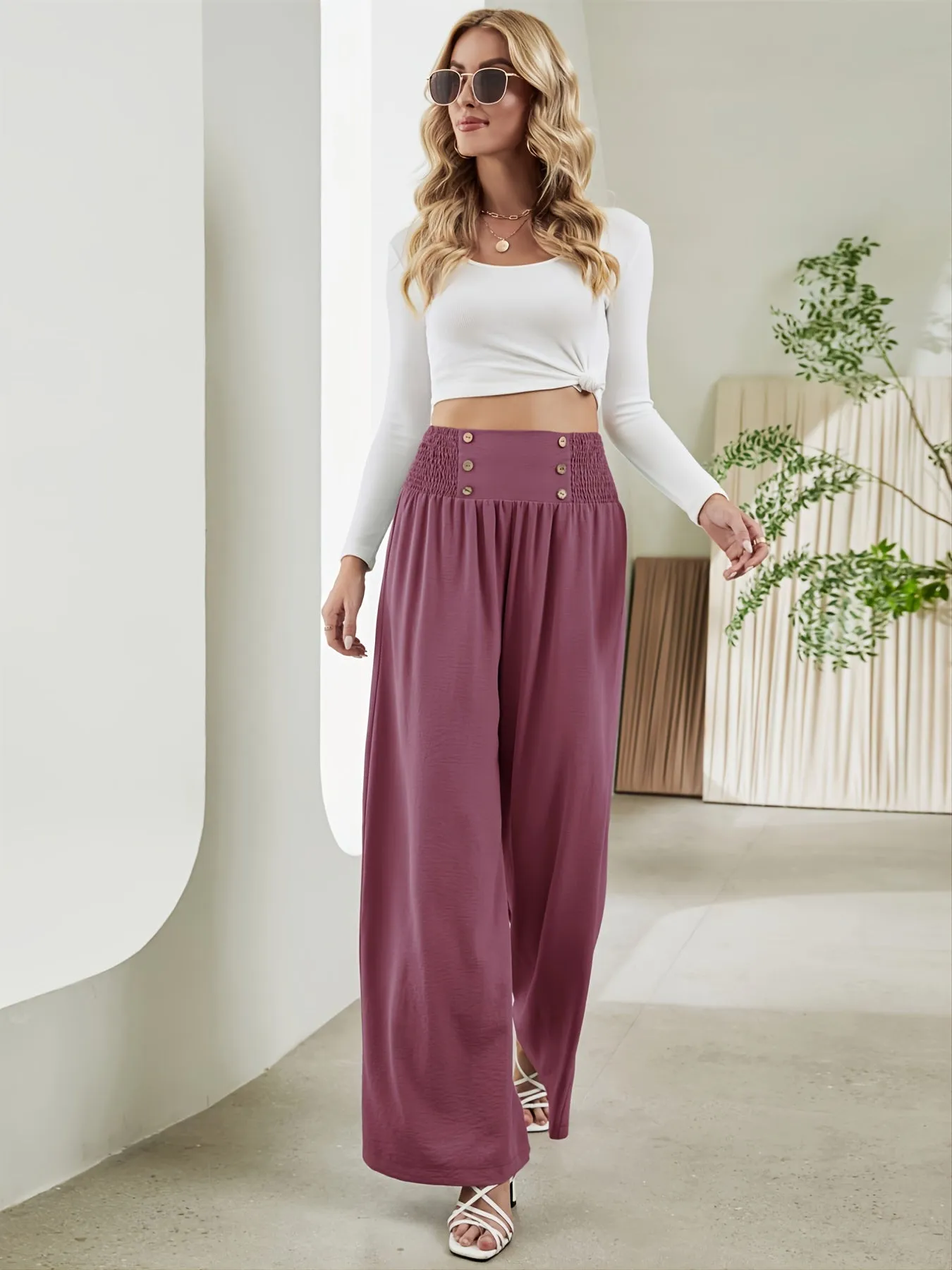Casual Loose Wide Leg Solid Elastic Waist High Fashion Long Length Pants