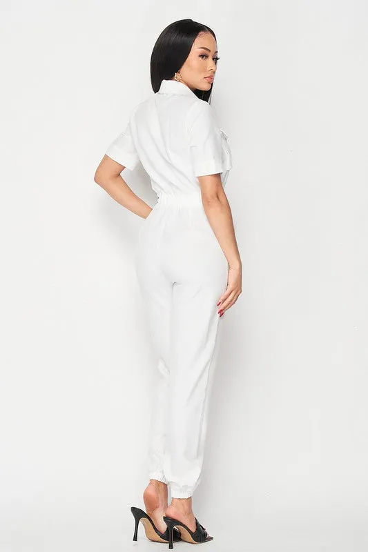 CINCHED WAIST SHORT SLEEVE BUTTON-UP JUMPSUIT