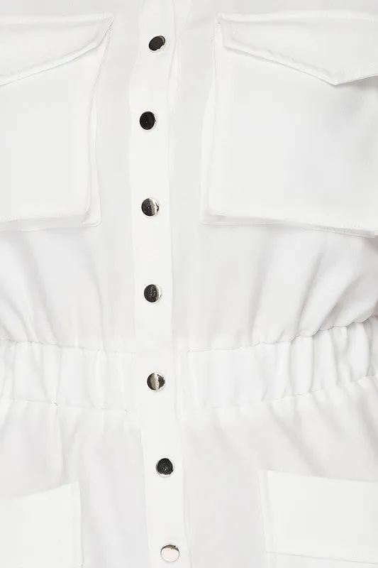 CINCHED WAIST SHORT SLEEVE BUTTON-UP JUMPSUIT