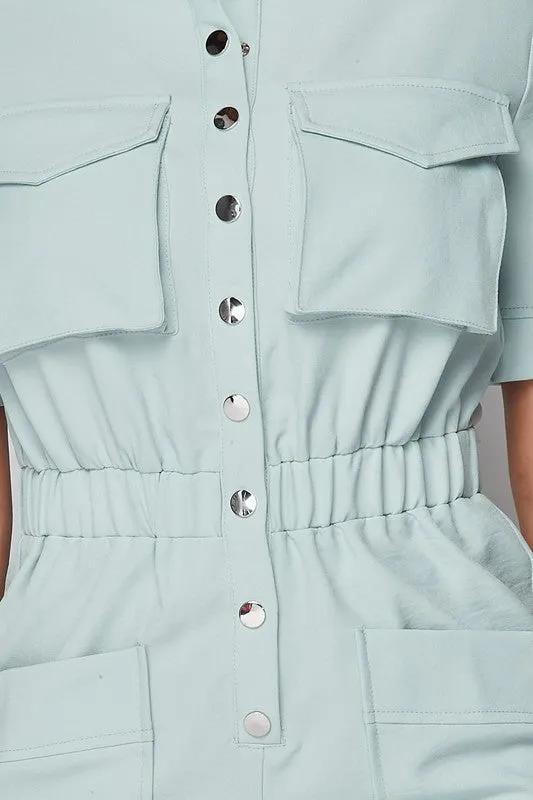 CINCHED WAIST SHORT SLEEVE BUTTON-UP JUMPSUIT
