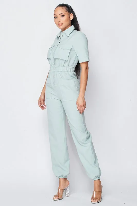 CINCHED WAIST SHORT SLEEVE BUTTON-UP JUMPSUIT