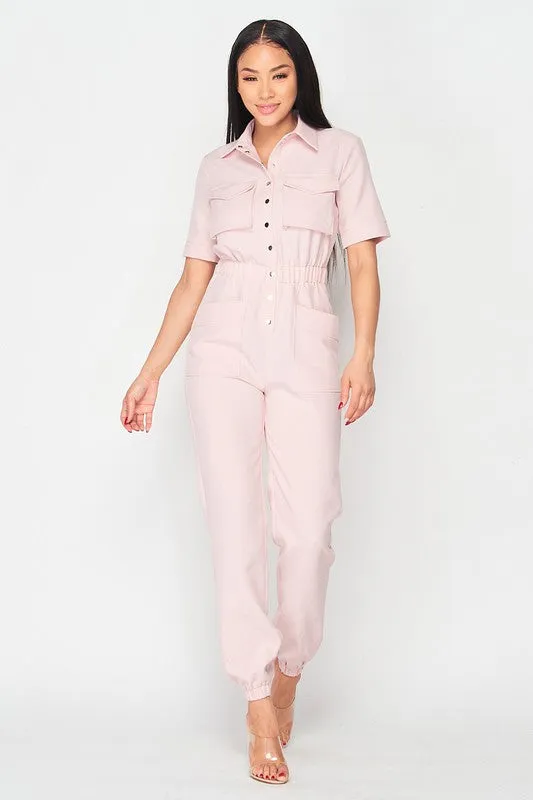 CINCHED WAIST SHORT SLEEVE BUTTON-UP JUMPSUIT