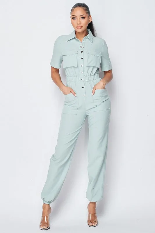 CINCHED WAIST SHORT SLEEVE BUTTON-UP JUMPSUIT