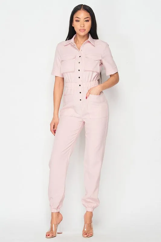 CINCHED WAIST SHORT SLEEVE BUTTON-UP JUMPSUIT