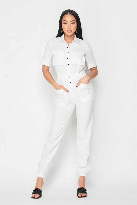 CINCHED WAIST SHORT SLEEVE BUTTON-UP JUMPSUIT