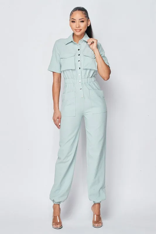 CINCHED WAIST SHORT SLEEVE BUTTON-UP JUMPSUIT