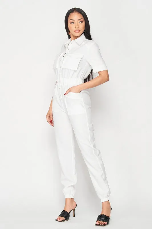 CINCHED WAIST SHORT SLEEVE BUTTON-UP JUMPSUIT