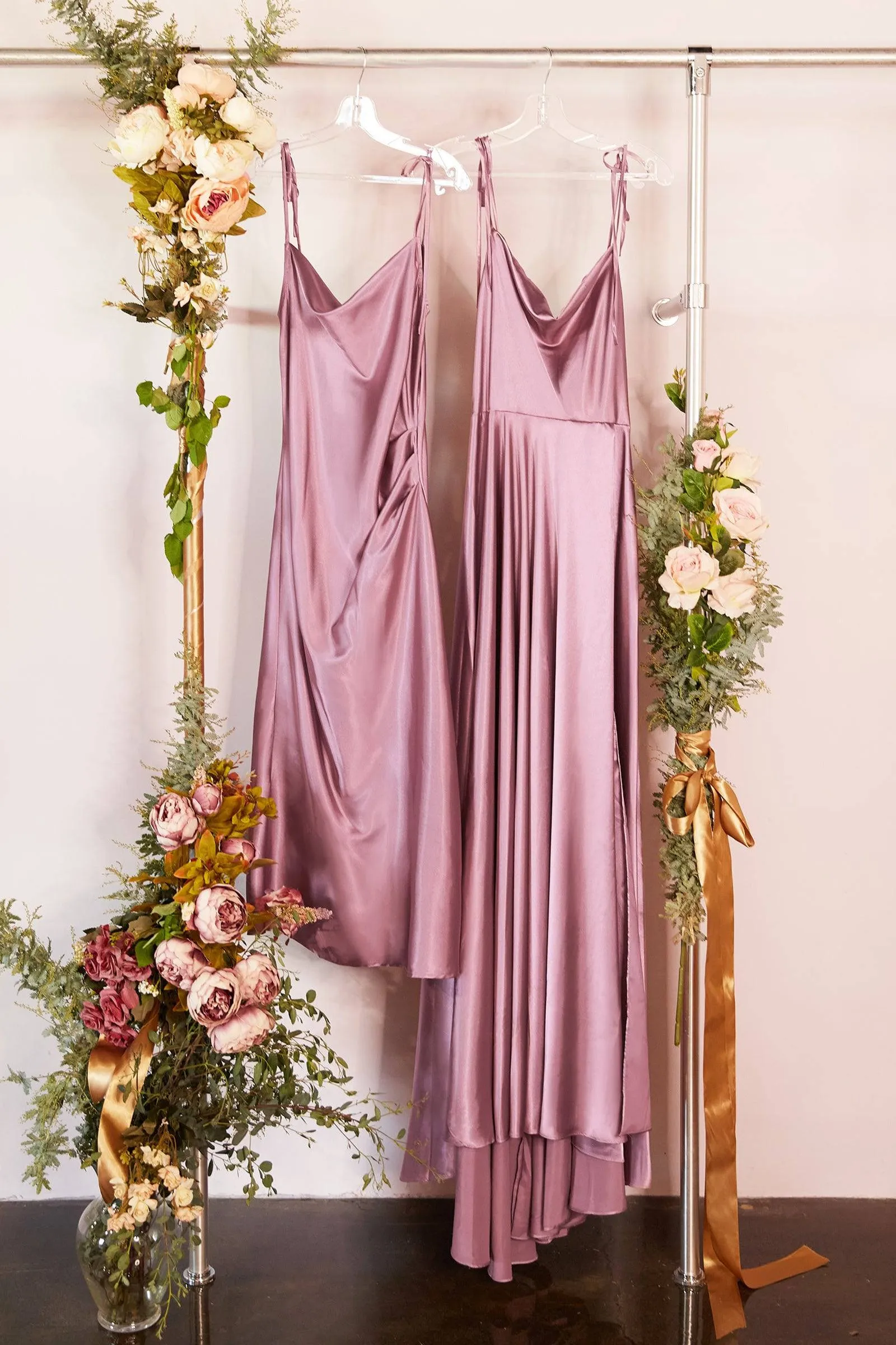 Cinderella Divine BD103 Satin Ruched Slit Leg Midi Dress