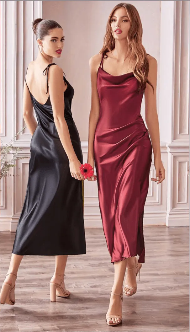 Cinderella Divine BD103 Satin Ruched Slit Leg Midi Dress