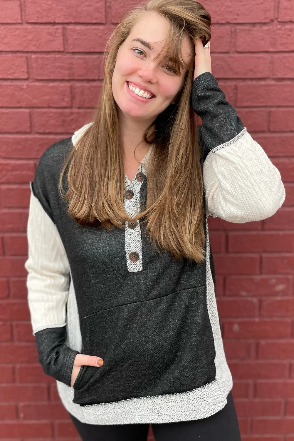 Color Block Textured Buttoned Kangaroo Pocket Hoodie