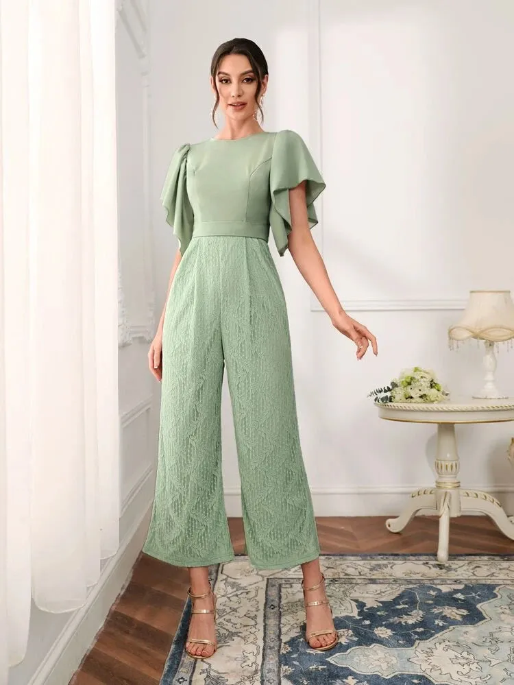 Contrast Lace Flutter Sleeve Jumpsuit